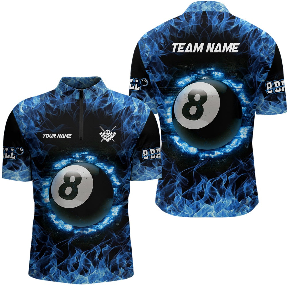 Billiard Polo Shirts, Personalized Blue Fire 8 Ball Pool Billiard 3D Polo Shirts, Custom Billiards Jerseys, Billiards Team Shirts