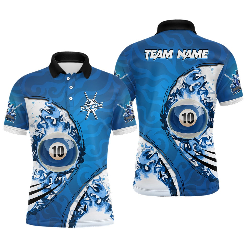 Billiard Polo Shirts, Personalized Blue Flaming 10 Ball Billiards Polo Shirts, Custom 10 Balls Pool Player Shirts, Billiards Team Shirts