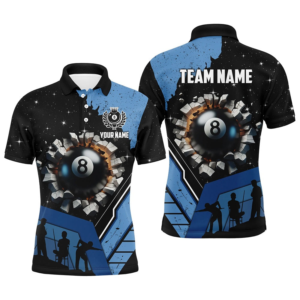 Billiard Polo Shirts, Personalized Blue Funny 8 Ball Pool Crack Polo Shirts Custom Team League Billiard Jersey, Billiards Team Shirts