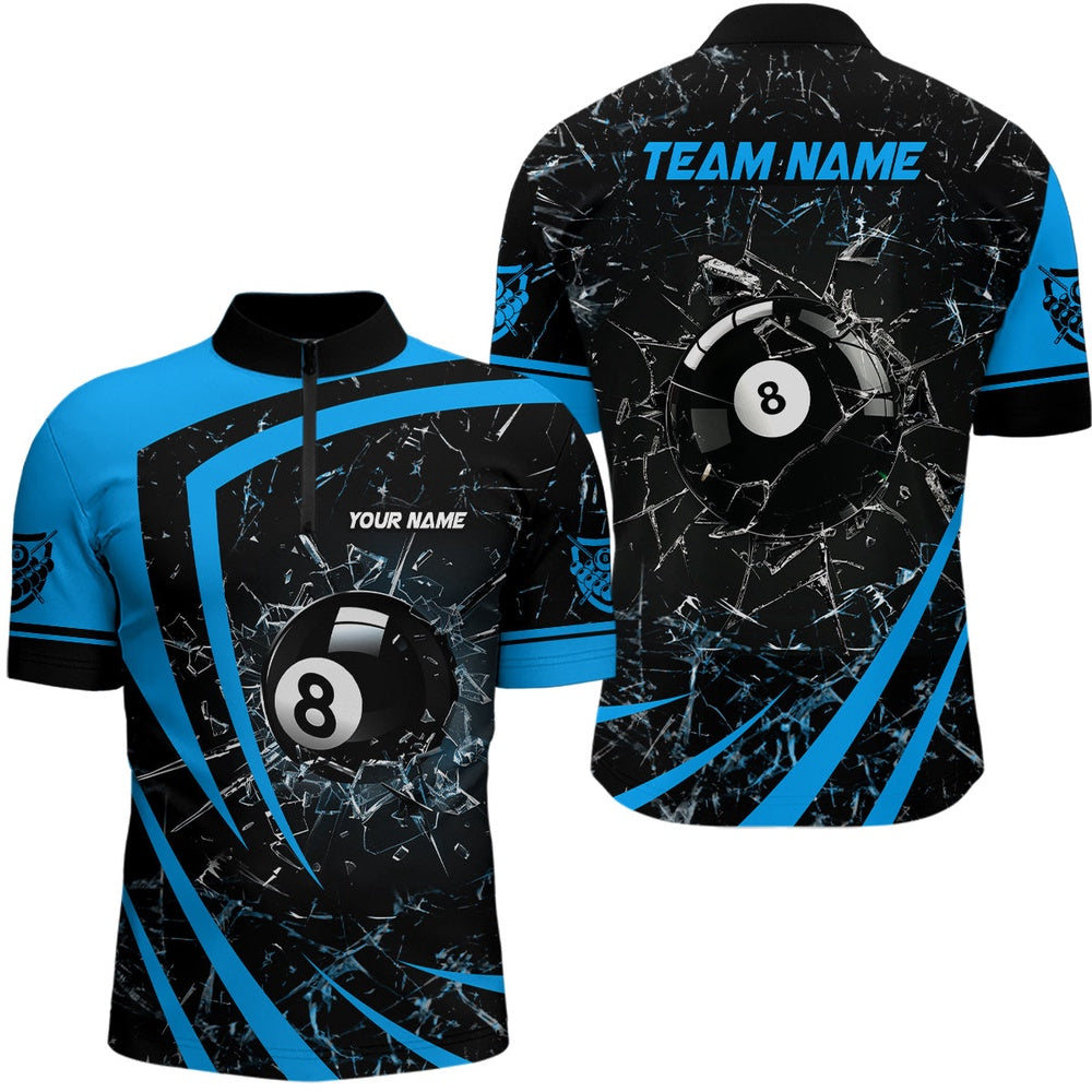 Billiard Polo Shirts, Personalized Blue Glass Break 8 Ball Billiard 3D Polo Shirts, Custom 8 Ball Pool Jerseys, Billiards Team Shirts