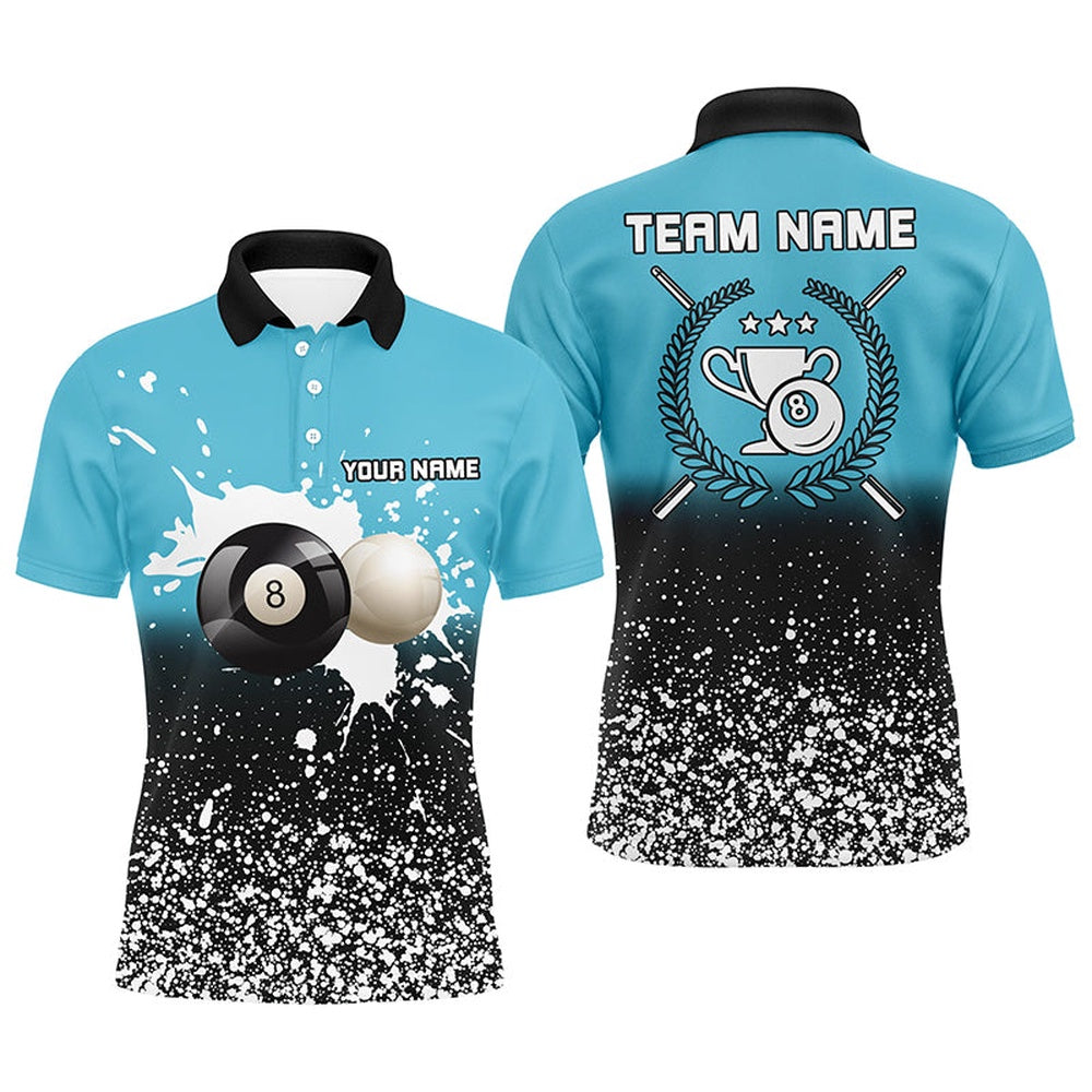 Billiard Polo Shirts, Personalized Blue White Paint Splash 8 Ball Billiard 3D Polo Shirts, Billiards Jerseys, Billiards Team Shirts