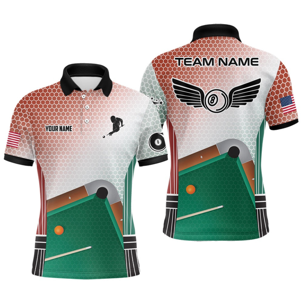 Billiard Polo Shirts, Personalized Brown Hive 8 Ball Wing Billiard 3D Polo Shirts, Custom Name Pool Table Shirts, Billiards Team Shirts
