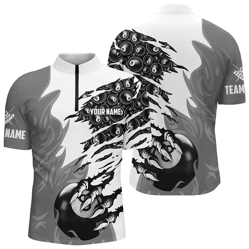 Billiard Polo Shirts, Personalized Claw 8 Ball Pool Grey 3D Billiard Polo Shirts Best Billiard Apparel Clothing, Billiards Team Shirts