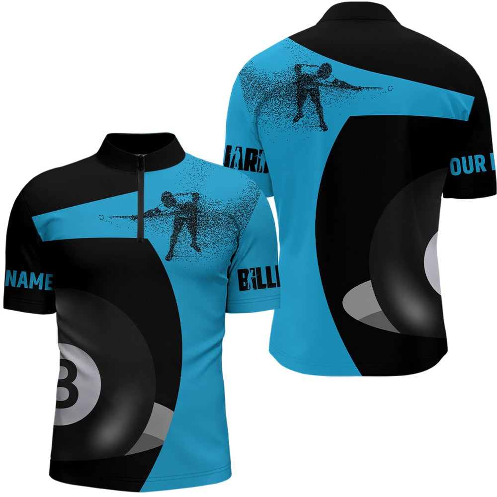 Billiard Polo Shirts, Personalized Customized 3D Funny Billiard Player 8 Ball Pool Blue Black Polo Shirts, Billiards Team Shirts