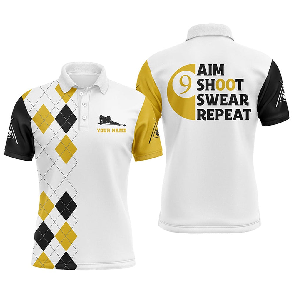 Billiard Polo Shirts, Personalized Customized Aim Shoot Swear Repeat 9 Ball Pool Yellow Billiard Polo Shirts, Billiards Team Shirts