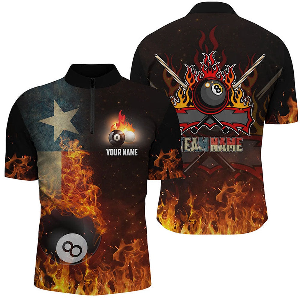 Billiard Polo Shirts, Personalized Customized Texas Flag 8 Ball Pool On Fire 3D Billiard Polo Shirts, Billiards Team Shirts