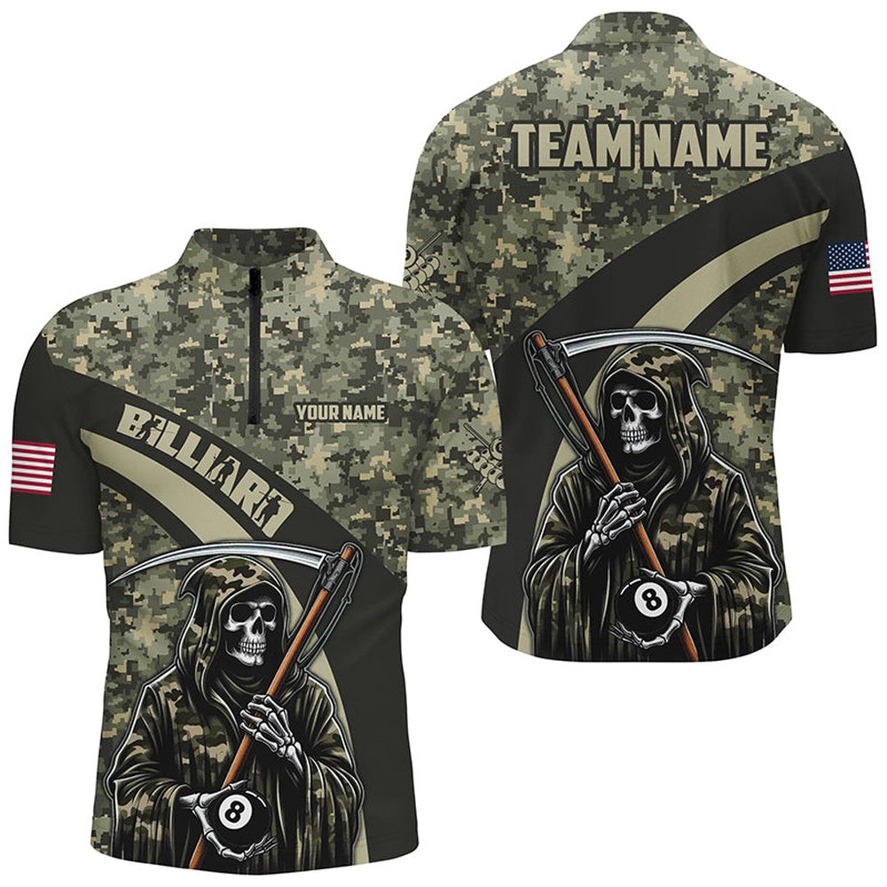 Billiard Polo Shirts, Personalized Death Skeleton Green Camo Billiard Shirts Custom Military Billiard Jerseys, Billiards Team Shirts
