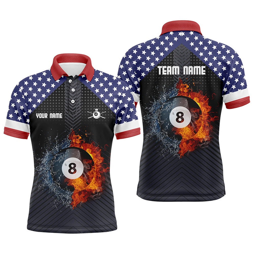 Billiard Polo Shirts, Personalized Fire And Water 8 Ball US Flag Billiard Polo Shirts, Custom 8 Ball Pool Jerseys, Billiards Team Shirts