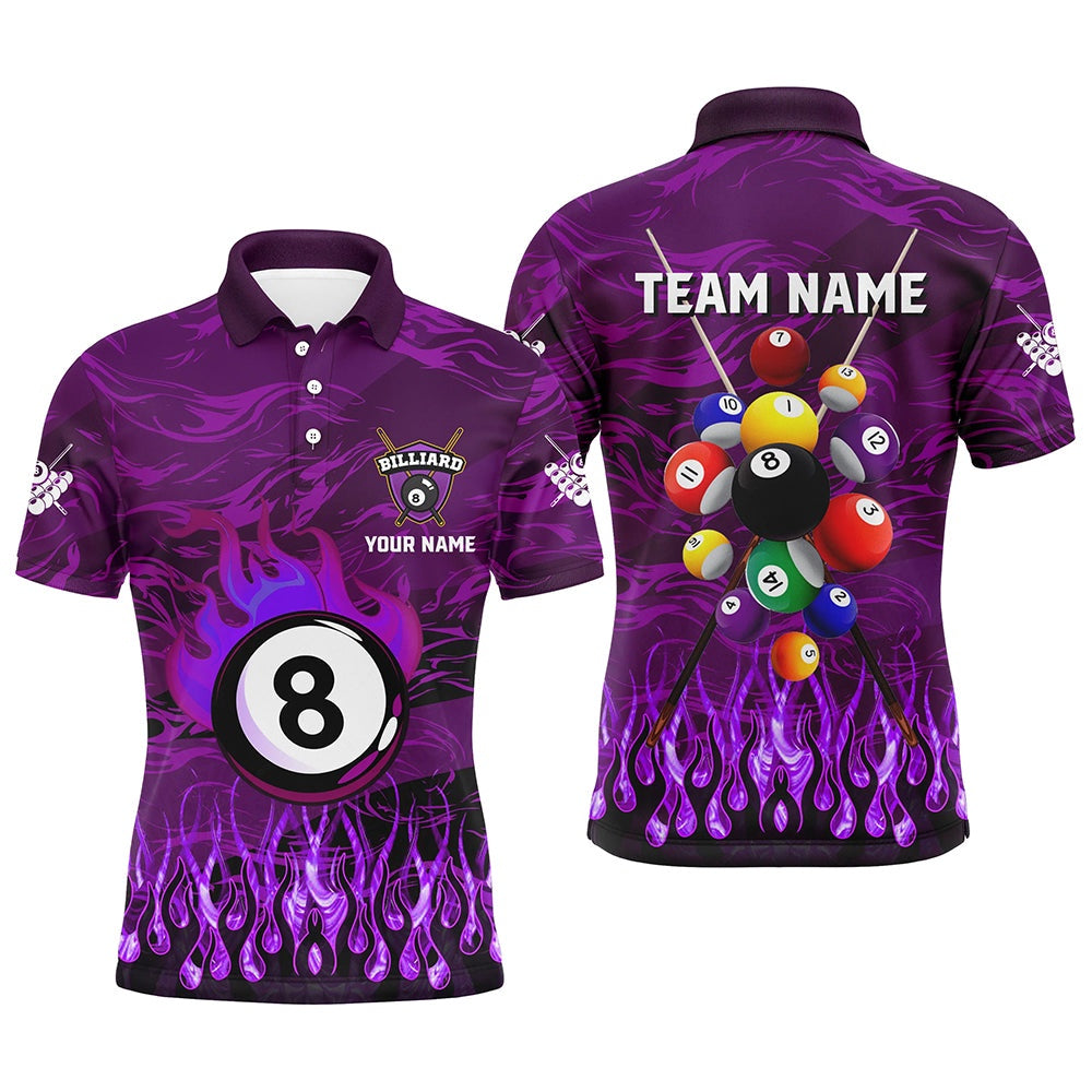 Billiard Polo Shirts, Personalized Fire Flame 3D Billiard Balls Polo Shirts Custom Purple Billiard Jersey Attire, Billiards Team Shirts