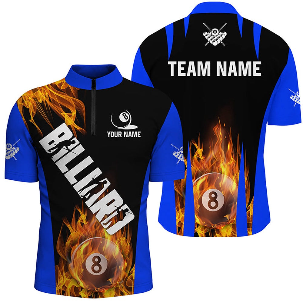 Billiard Polo Shirts, Personalized Flame 8 Ball Pool Fire Billiard Shirts Custom Blue And Black Billiard Jerseys, Billiards Team Shirts
