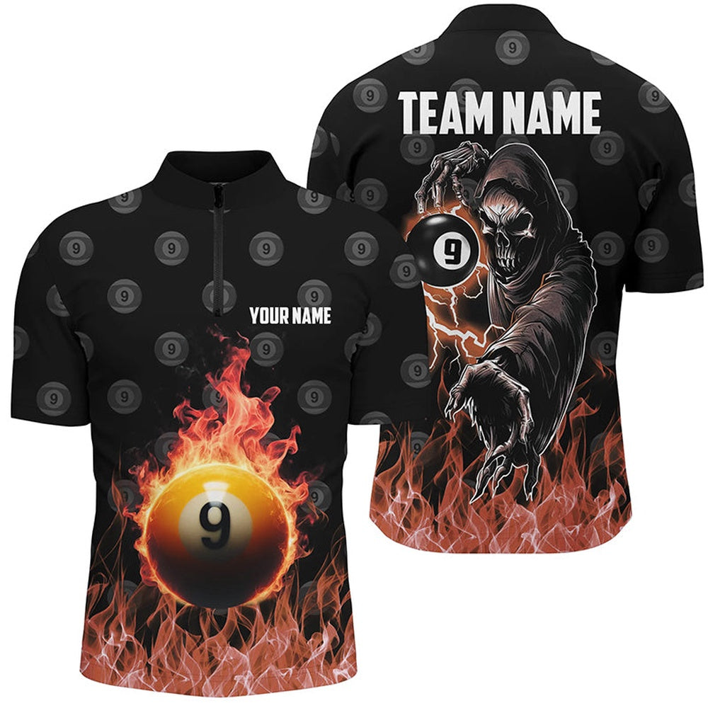 Billiard Polo Shirts, Personalized Flame 9 Ball Pool Pattern Billiard Polo Shirts Custom Skull Billiard Shirts, Billiards Team Shirts