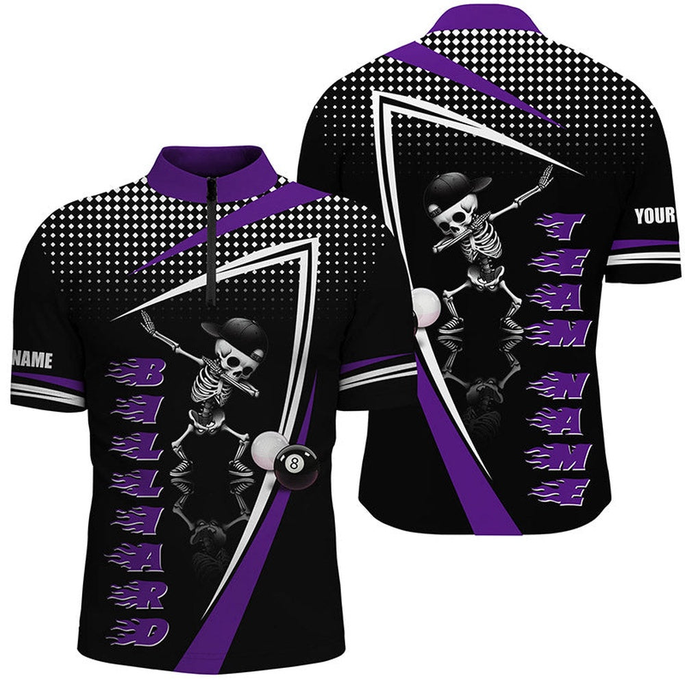 Billiard Polo Shirts, Personalized Funny Skeleton Billiard Balls Custom Name 3D Printed Billiard Jerseys Purple, Billiards Team Shirts