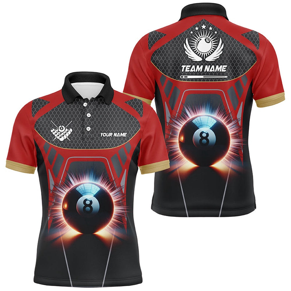 Billiard Polo Shirts, Personalized Glowing 8 Ball Pool Billiard Polo Shirts Custom 3D Billiards Sport Jerseys Red, Billiards Team Shirts