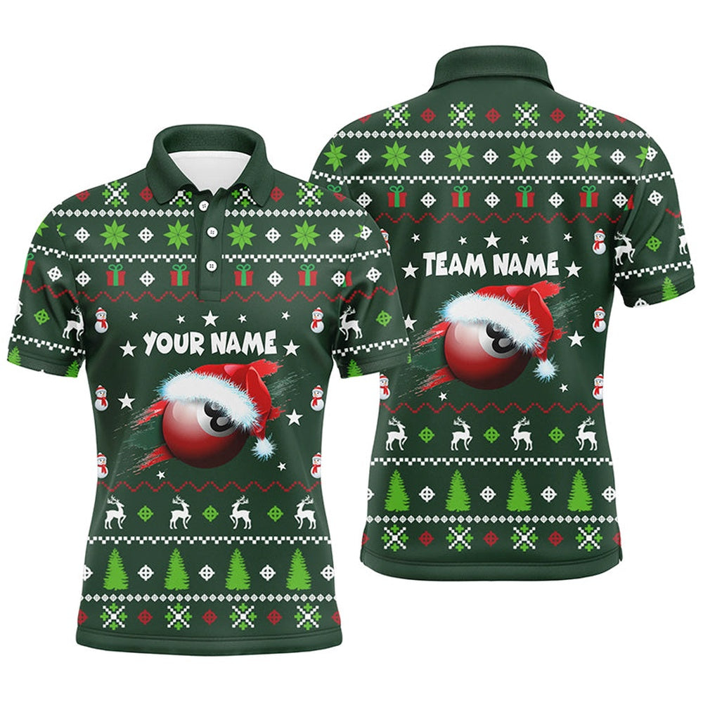 Billiard Polo Shirts, Personalized Green Red Christmas 8 Ball Billiard Polo Shirts, Christmas Billiards Jerseys, Billiards Team Shirts