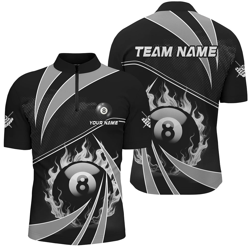 Billiard Polo Shirts, Personalized Grey And Black 8 Ball Pool Fire Custom Billiard Shirt, Billiard Apparel Jersey, Billiards Team Shirts