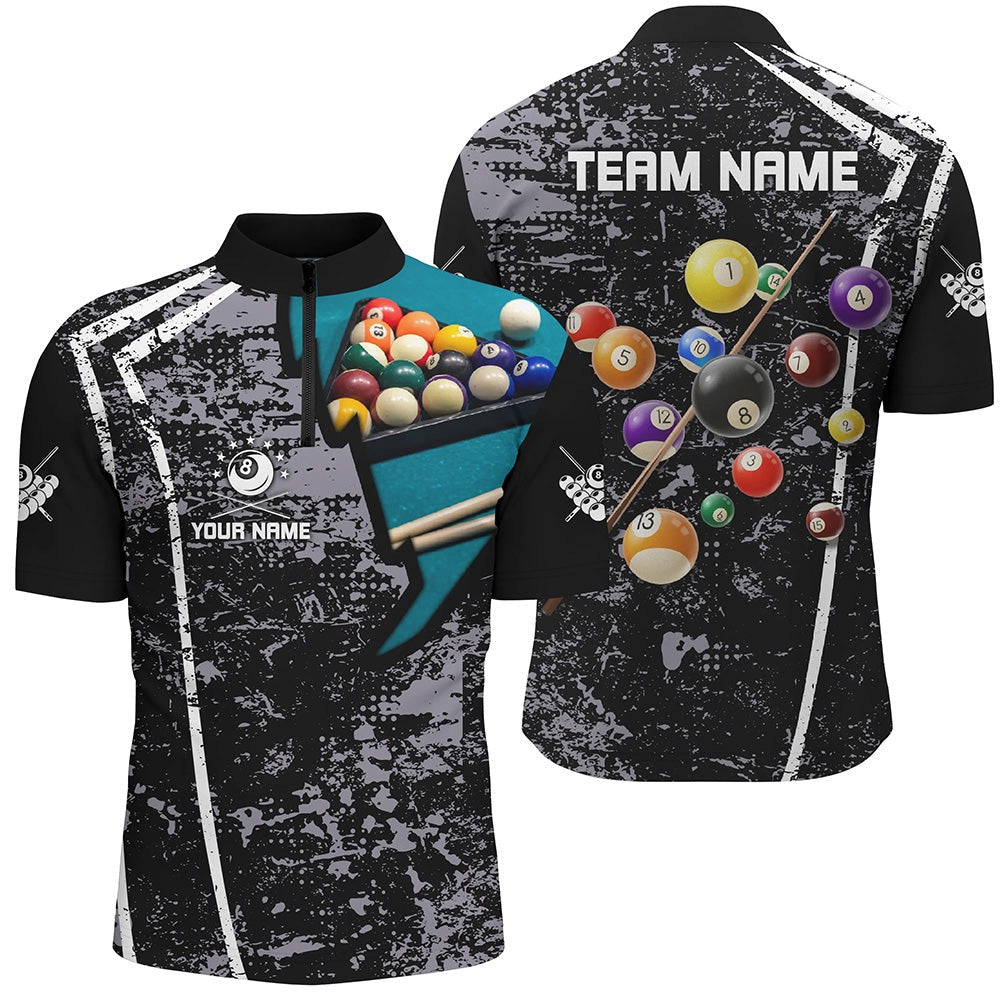 Billiard Polo Shirts, Personalized Grey Grunge Billiard Polo Shirts, Custom 3D Pool Balls Billiard Jerseys, Billiards Team Shirts