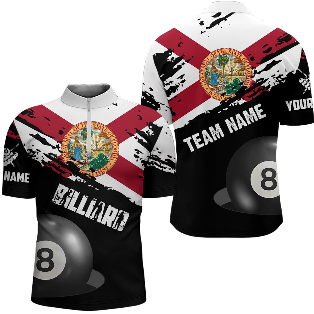 Billiard Polo Shirts, Personalized Grunge Florida Flag 8 Ball Billiard Shirts Custom Patriotic Billiard Jerseys, Billiards Team Shirts