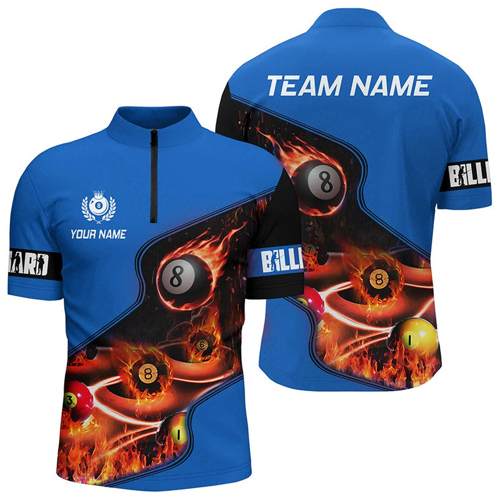 Billiard Polo Shirts, Personalized Master Billiard Balls Flame 3D Polo Shirts, Blue Billiard Jersey For Pool Player, Billiards Team Shirts