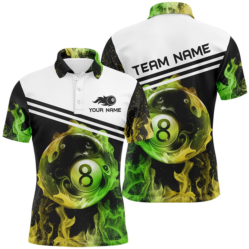 Billiard Polo Shirts, Personalized Name 8 Ball Billiard In Green And Yellow Flames All Over Print 3D Polo Shirts, Billiards Team Shirts