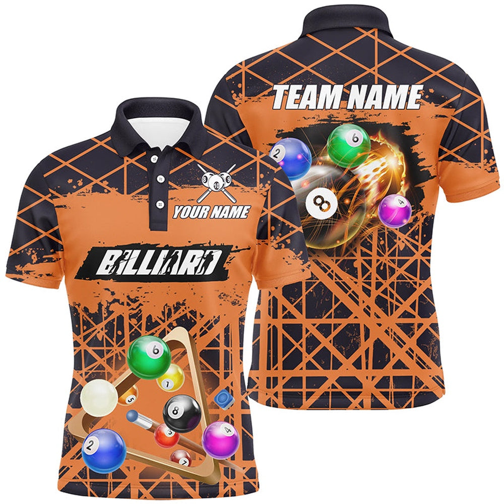 Billiard Polo Shirts, Personalized Orange Billiard Grunge Style Full Printing Polo Shirts Custom Pool Player Custom, Billiards Team Shirts