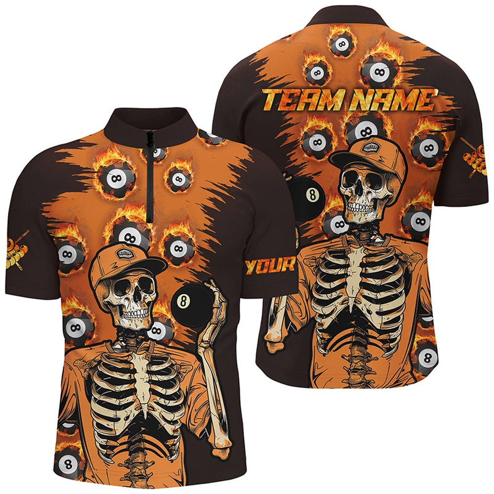 Billiard Polo Shirts, Personalized Orange Funny Skeleton With 8 Ball Pool Billiard Shirts, 8 Ball Fire Pool Jerseys, Billiards Team Shirts
