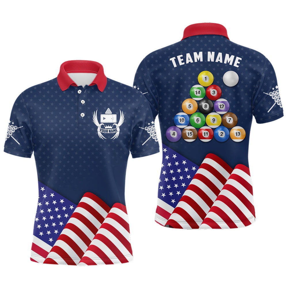 Billiard Polo Shirts, Personalized Patriotic Waving Flag Billiards Polo Shirts, Custom Billiard Balls Jerseys, Billiards Team Shirts