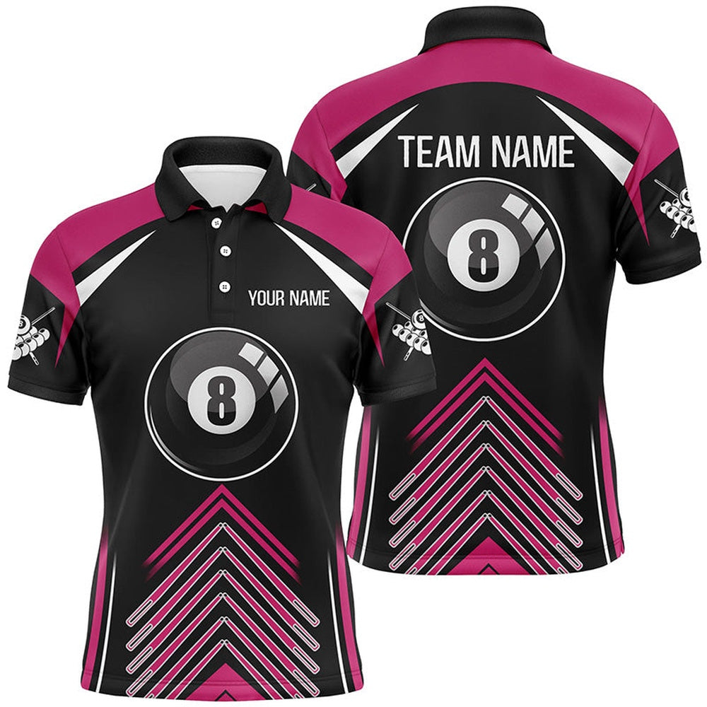 Billiard Polo Shirts, Personalized Pink Black Billiard 8 Ball Pool 3D Polo Shirts, Custom Name Billiard Jerseys, Billiards Team Shirts