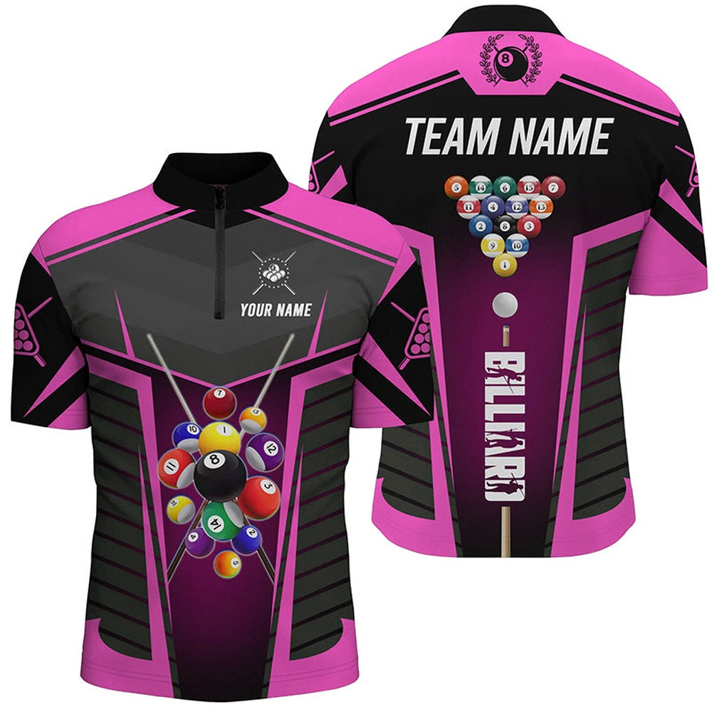 Billiard Polo Shirts, Personalized Pink Jerseys Billiard Balls Polo & 14 Zip Shirts Custom 3D Pool League Shirts, Billiards Team Shirts