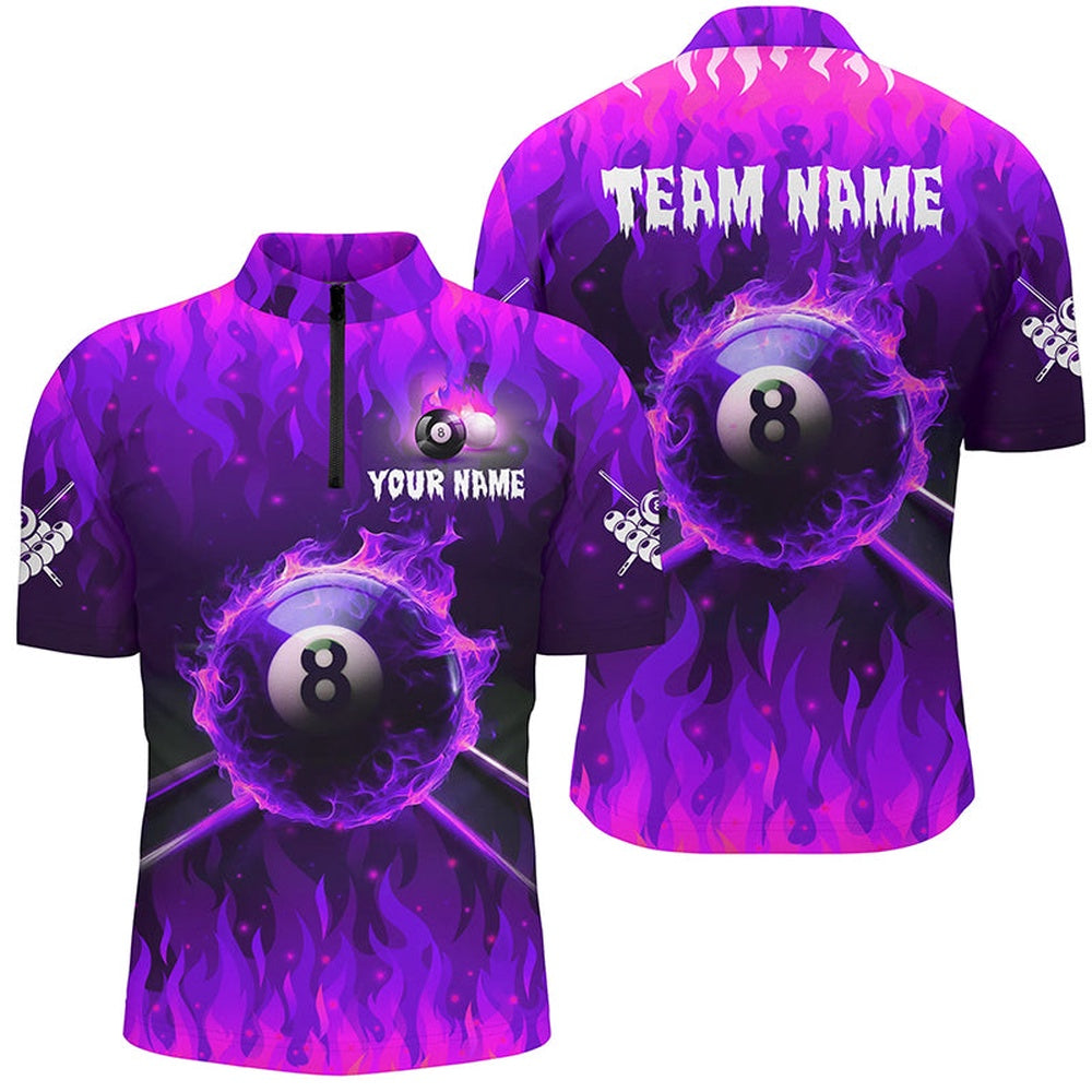 Billiard Polo Shirts, Personalized Purple 3D 8 Ball Pool & Cue Fire Polo Shirt Custom Billiard Apparel, Billiards Team Shirts