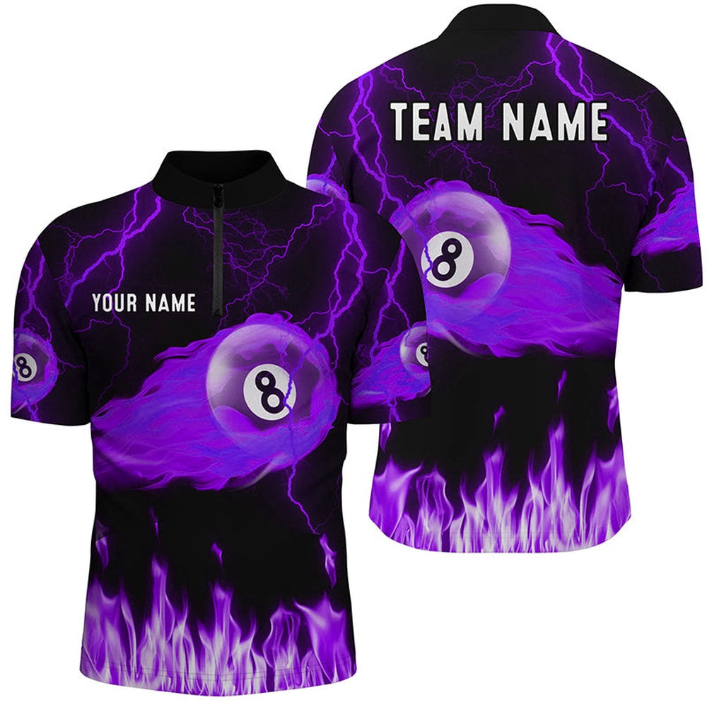 Billiard Polo Shirts, Personalized Purple 8 Ball Flame Thunder Lightning Billiard Shirts, Pool Team League Shirts, Billiards Team Shirts
