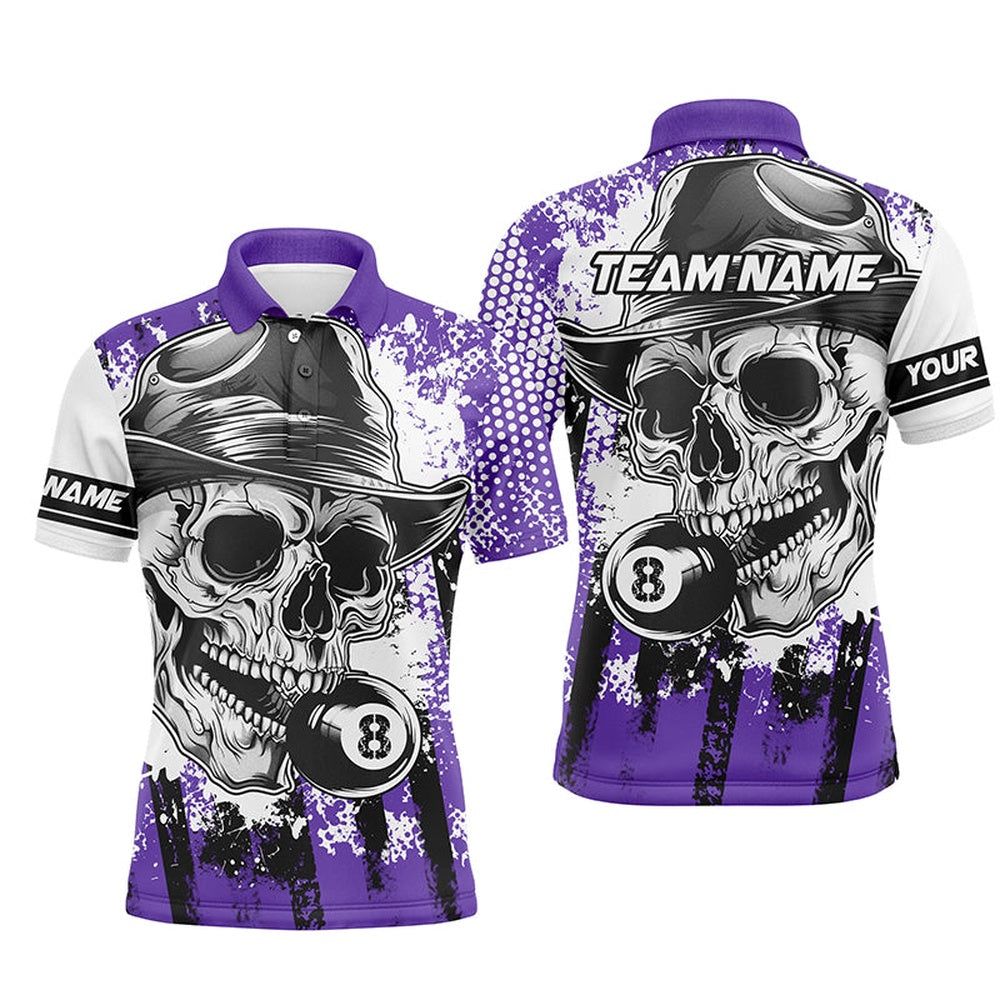 Billiard Polo Shirts, Personalized Purple Billiard Skull Holding 8 Ball Polo Shirts Custom Billiard Jersey Attire, Billiards Team Shirts