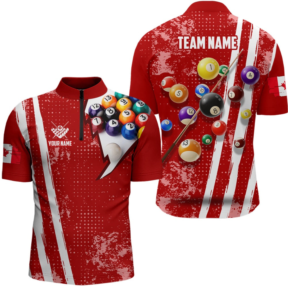 Billiard Polo Shirts, Personalized Red 3D Billiard Balls Polo Shirts, Custom Canadian Flag 8 Ball Pool Jerseys, Billiards Team Shirts