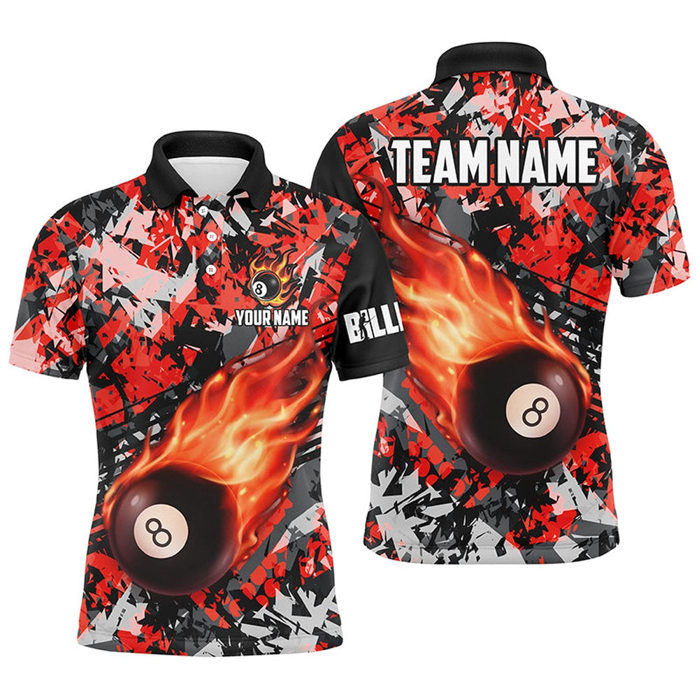 Billiard Polo Shirts, Personalized Red Billiard Ball 8 Fire Flame Polo Shirts Custom 8 Ball Pool Billiard Team Jersey, Billiards Team Shirts