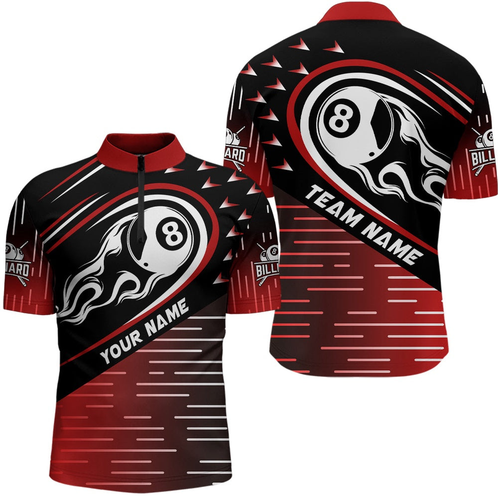 Billiard Polo Shirts, Personalized Red Black Flaming 8 Ball Polo Shirts Best Custom Billiard Team Shirts, Billiards Team Shirts