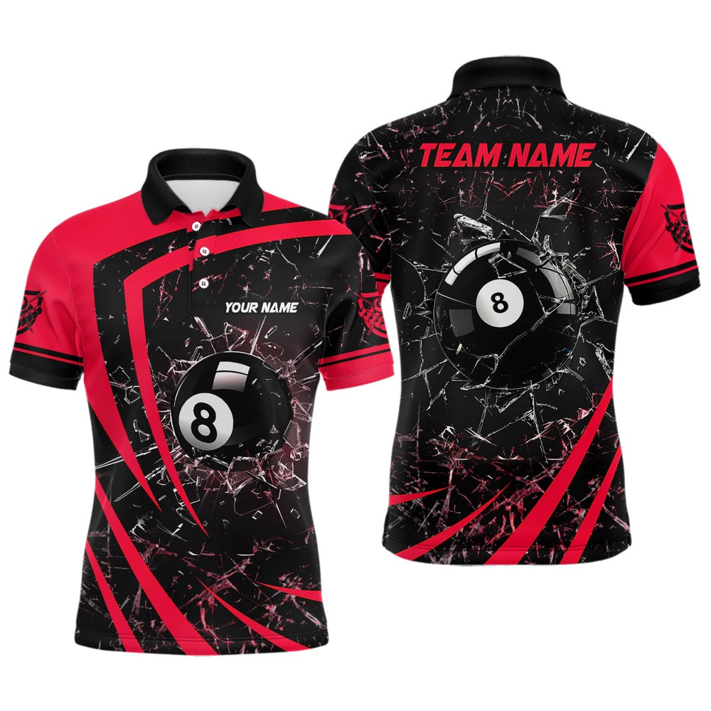 Billiard Polo Shirts, Personalized Red Glass Break 8 Ball Billiard 3D Polo Shirts, Billiards Team Shirts