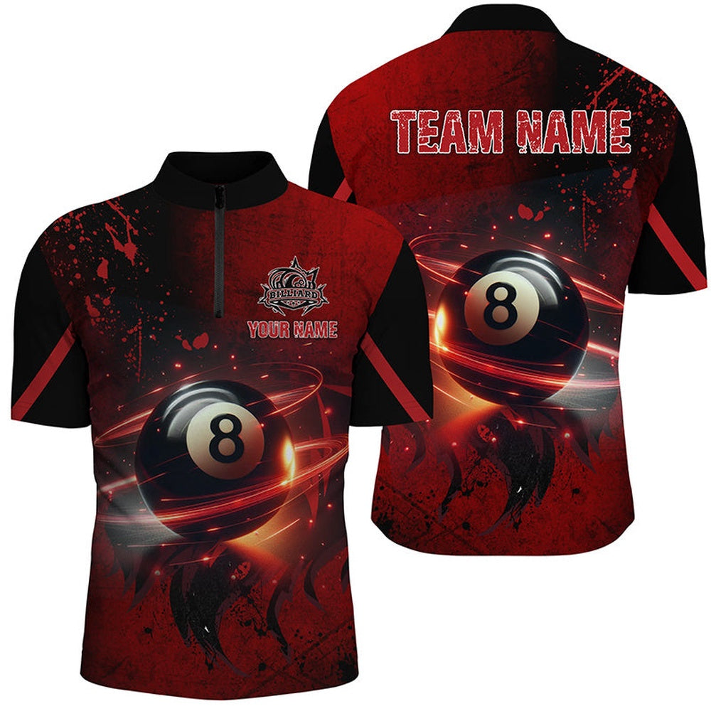 Billiard Polo Shirts, Personalized Red Glowing 8 Ball Pool Custom 3D Printed Billiard Jerseys, Best Billiard Shirts For Team, Billiards Team Shirts