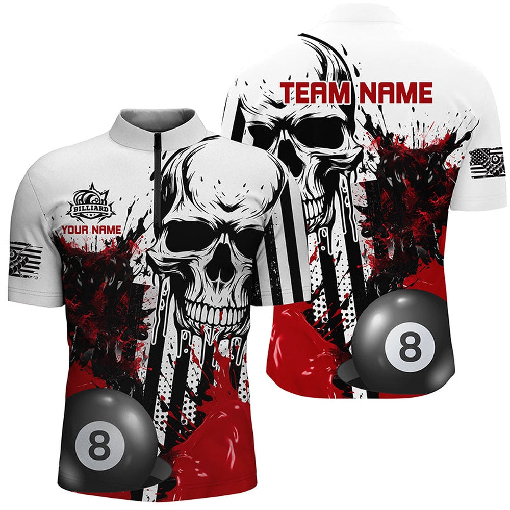 Billiard Polo Shirts, Personalized Red Grunge Skull Billiards Shirts Custom Retro Billiard Team Jerseys Attire, Billiards Team Shirts