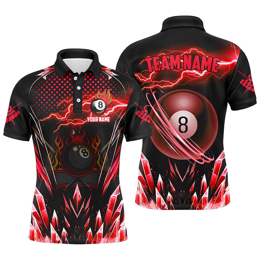 Billiard Polo Shirts, Personalized Red Icy Lightning 8 Ball Pool Polo Shirts Custom Billiard Team League Jersey, Billiards Team Shirts