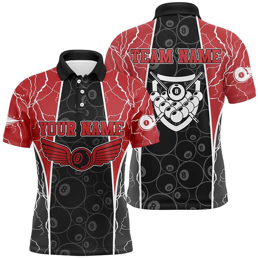 Billiard Polo Shirts, Personalized Red Lighting 8 Ball Billiard 3D Polo Shirts, Custom Pool Billiards Jerseys, Billiards Team Shirts