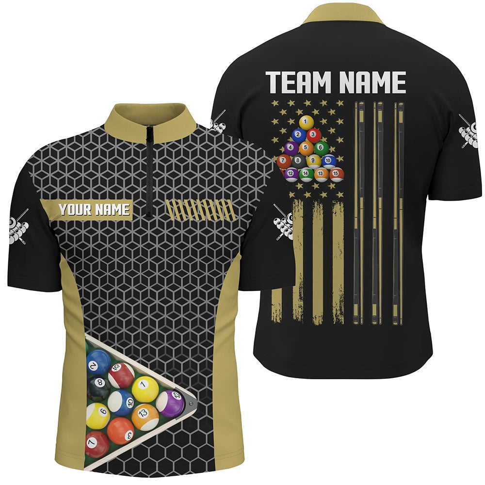 Billiard Polo Shirts, Personalized Retro American Flag Billiard Pool Shirts Custom Yellow Black Billiard Jerseys, Billiards Team Shirts