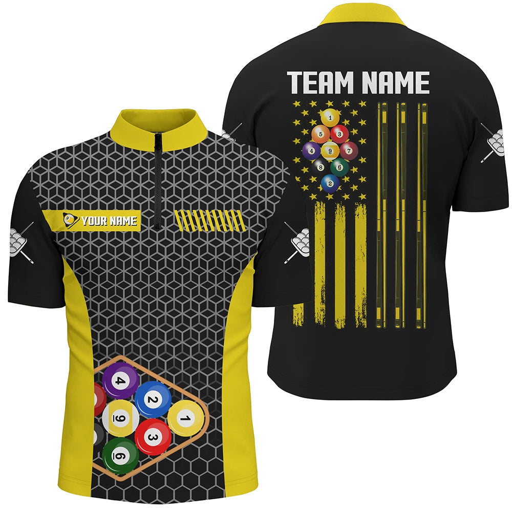 Billiard Polo Shirts, Personalized Retro US Flag 9 Ball Pool Billiard Shirts Custom Yellow Black Billiard Jerseys, Billiards Team Shirts
