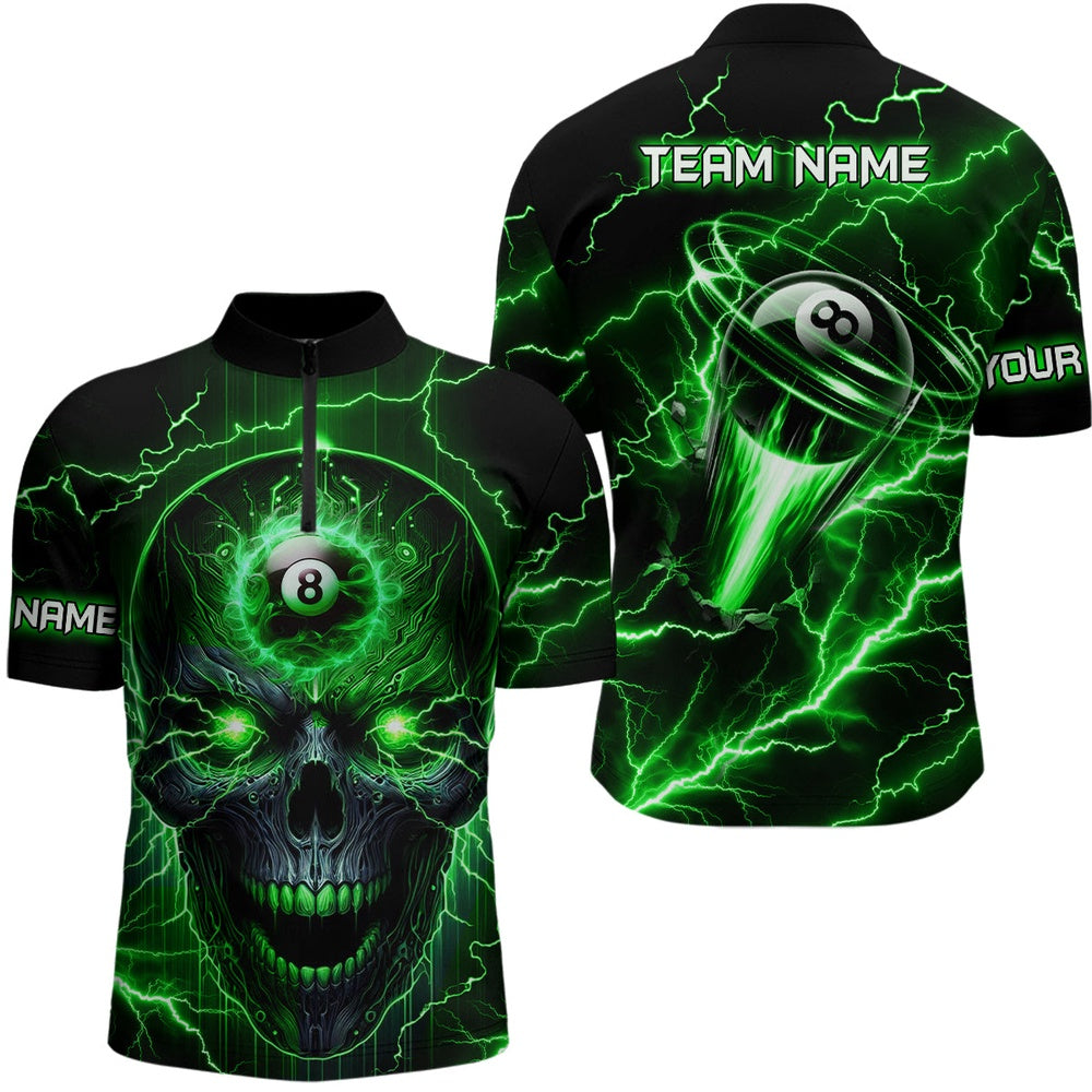 Billiard Polo Shirts, Personalized Skull Billiard Polo Shirts Custom Name 8 Ball Pool Billiard Jerseys Green, Billiards Team Shirts