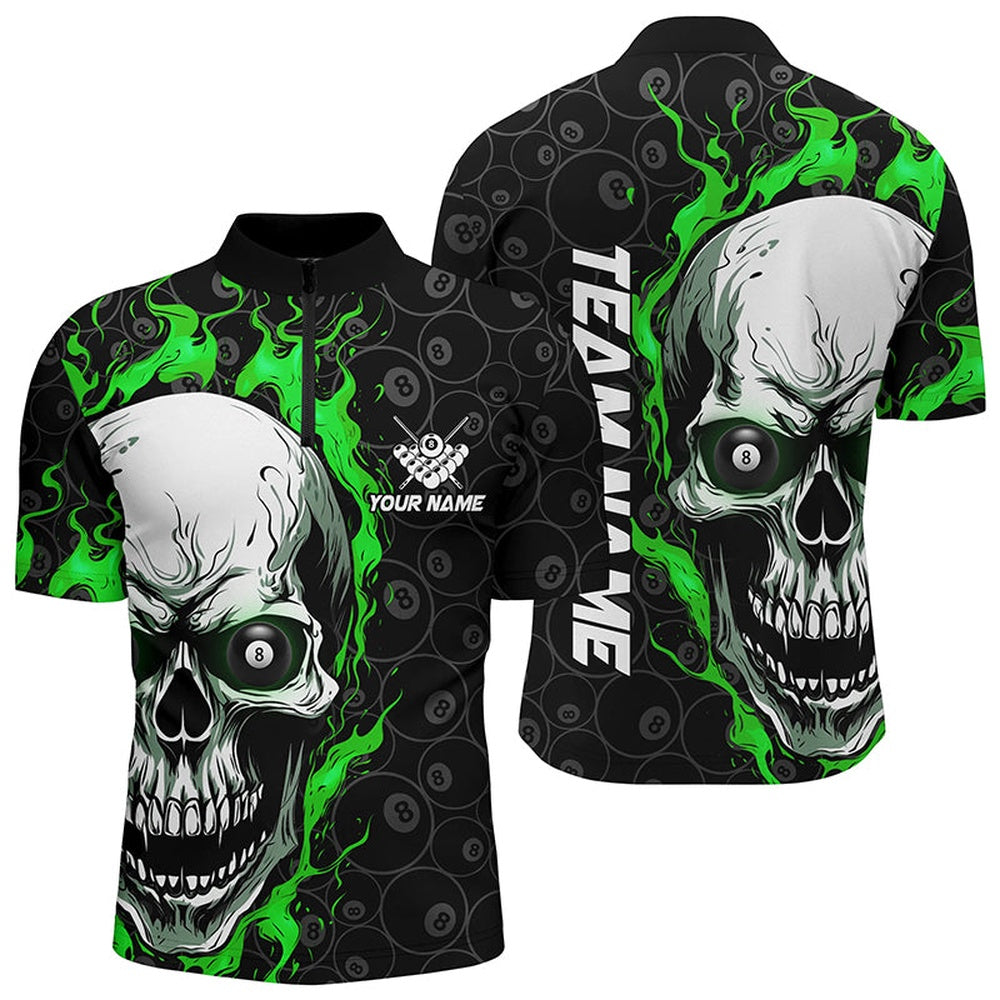 Billiard Polo Shirts, Personalized Skull Flame Billiard Polo Shirts Custom Team'S Name Billiard Jerseys Green, Billiards Team Shirts