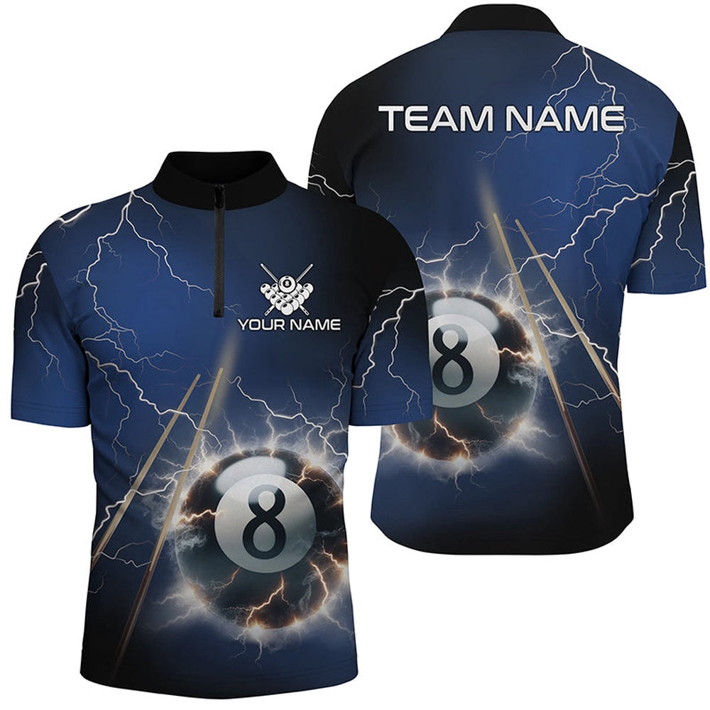 Billiard Polo Shirts, Personalized Thunder Lighting Blue 8 Ball Billiard 3D Polo Shirts Custom Pool Balls Jerseys, Billiards Team Shirts