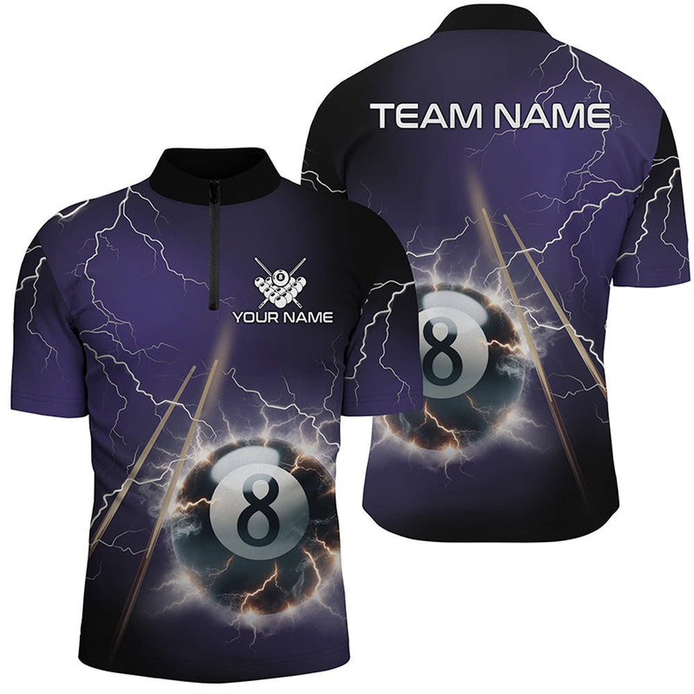 Billiard Polo Shirts, Personalized Thunder Lighting Purple 8 Ball Billiard 3D Polo Shirts, Pool Balls Jerseys, Billiards Team Shirts