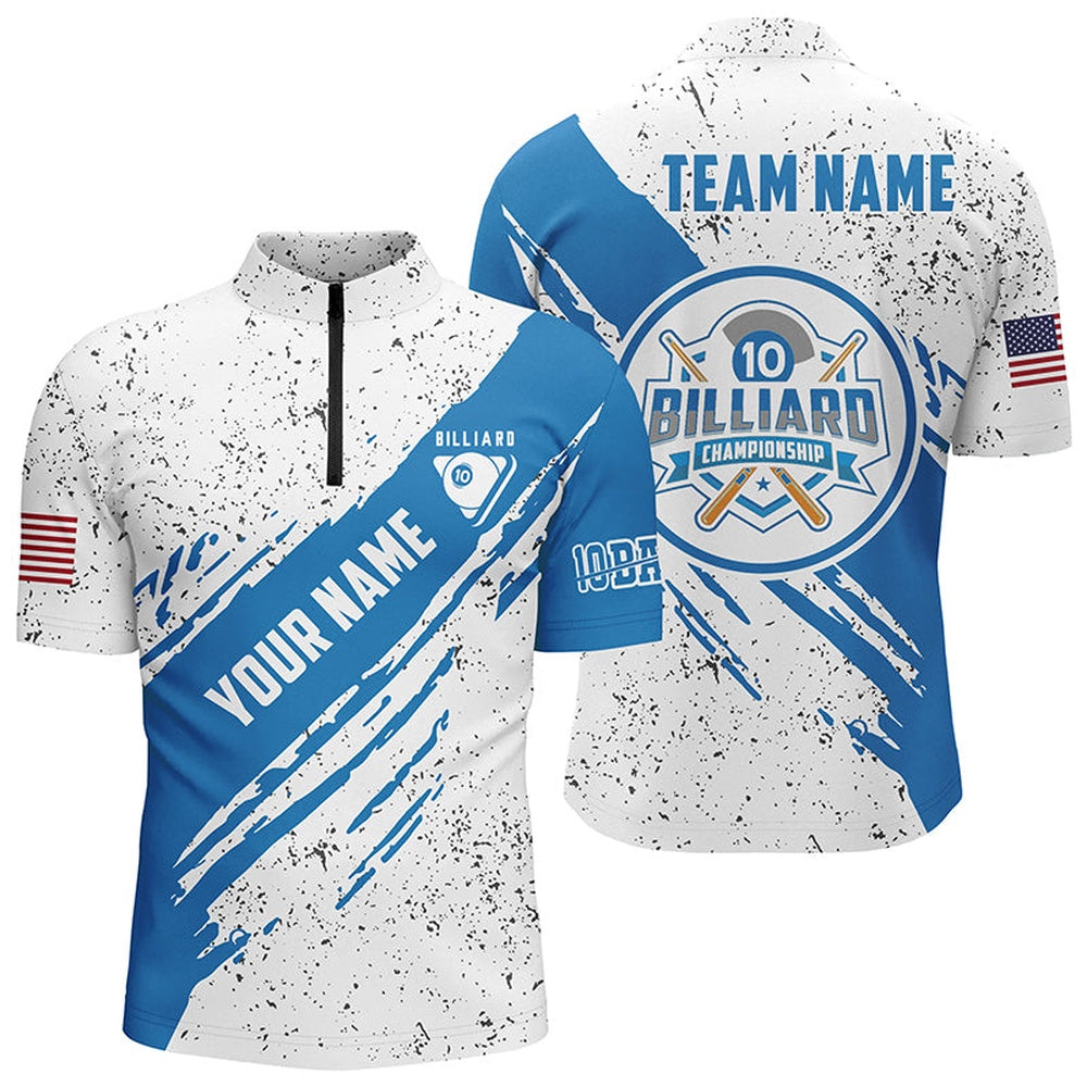 Billiard Polo Shirts, Personalized US Flag 10 Ball Billiard Polo Shirts, Blue Black Grunge 10 Ball Pool Jerseys, Billiards Team Shirts
