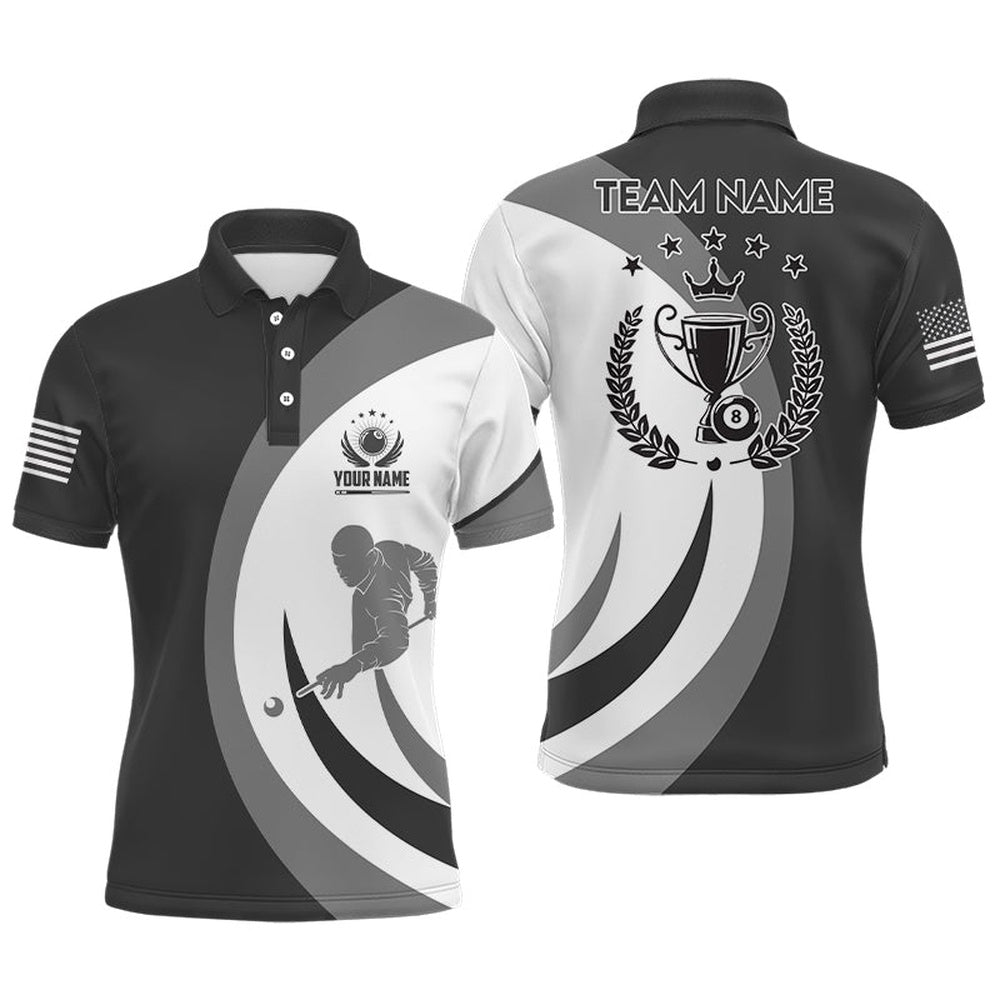 Billiard Polo Shirts, Personalized US Flag 8 Ball Billiard Polo Shirts, 8 Ball Trophy Emblem Billiards Jerseys, Billiards Team Shirts