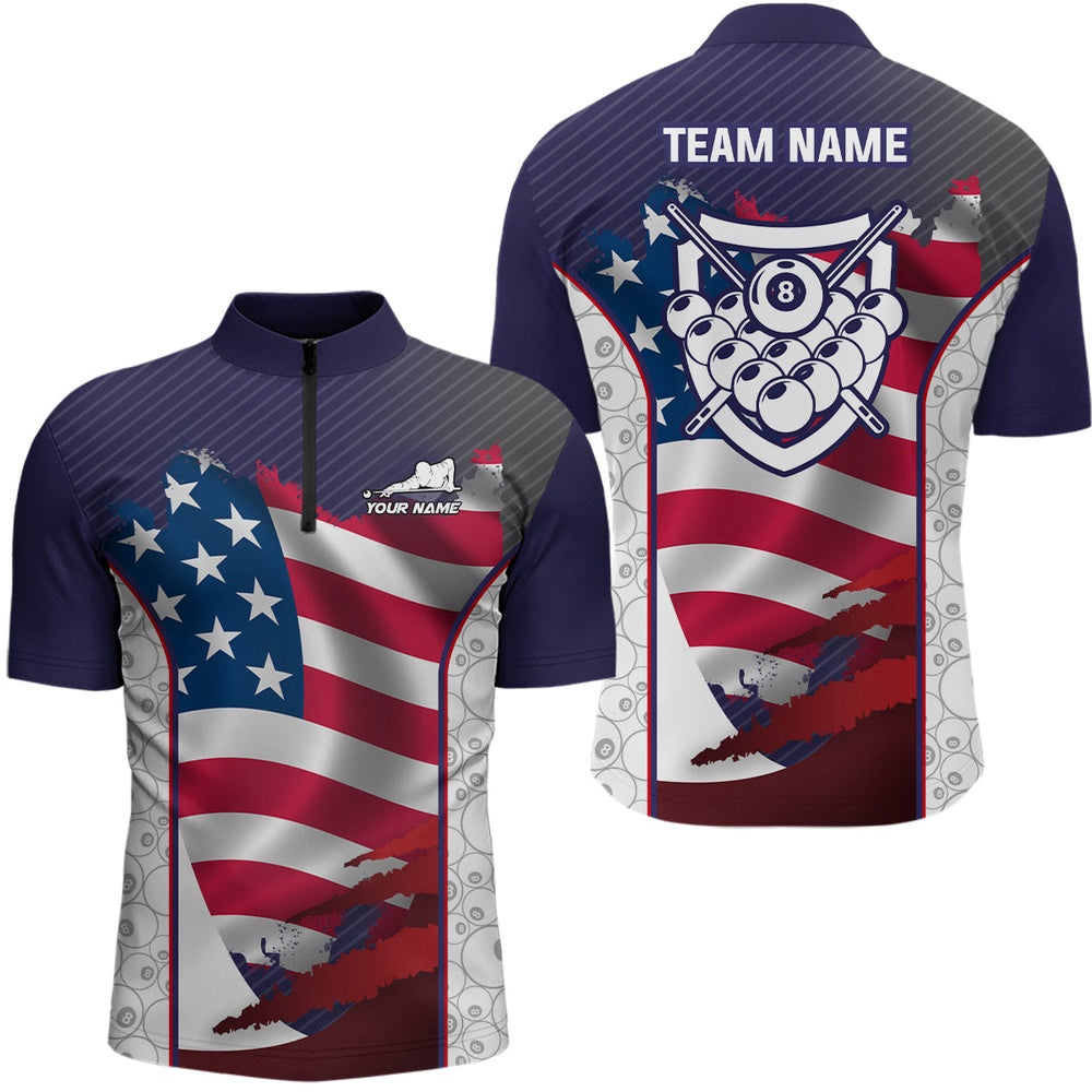 Billiard Polo Shirts, Personalized US Flag 8 Ball Pattern Billiards 3D Polo Shirts, Billiards Jerseys, Billiards Team Shirts