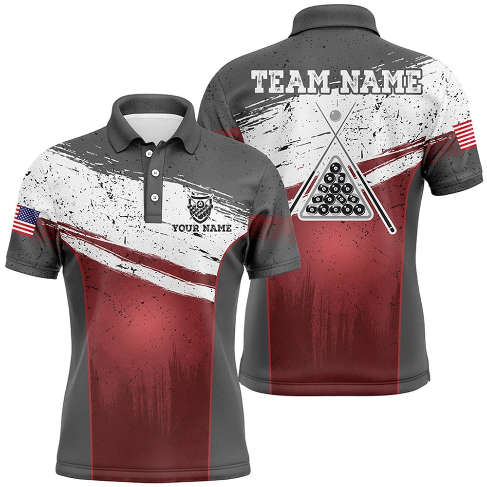 Billiard Polo Shirts, Personalized US Flag 8 Ball Pool Polo Shirts, Custom Red Grunge Billiard Balls Jerseys, Billiards Team Shirts