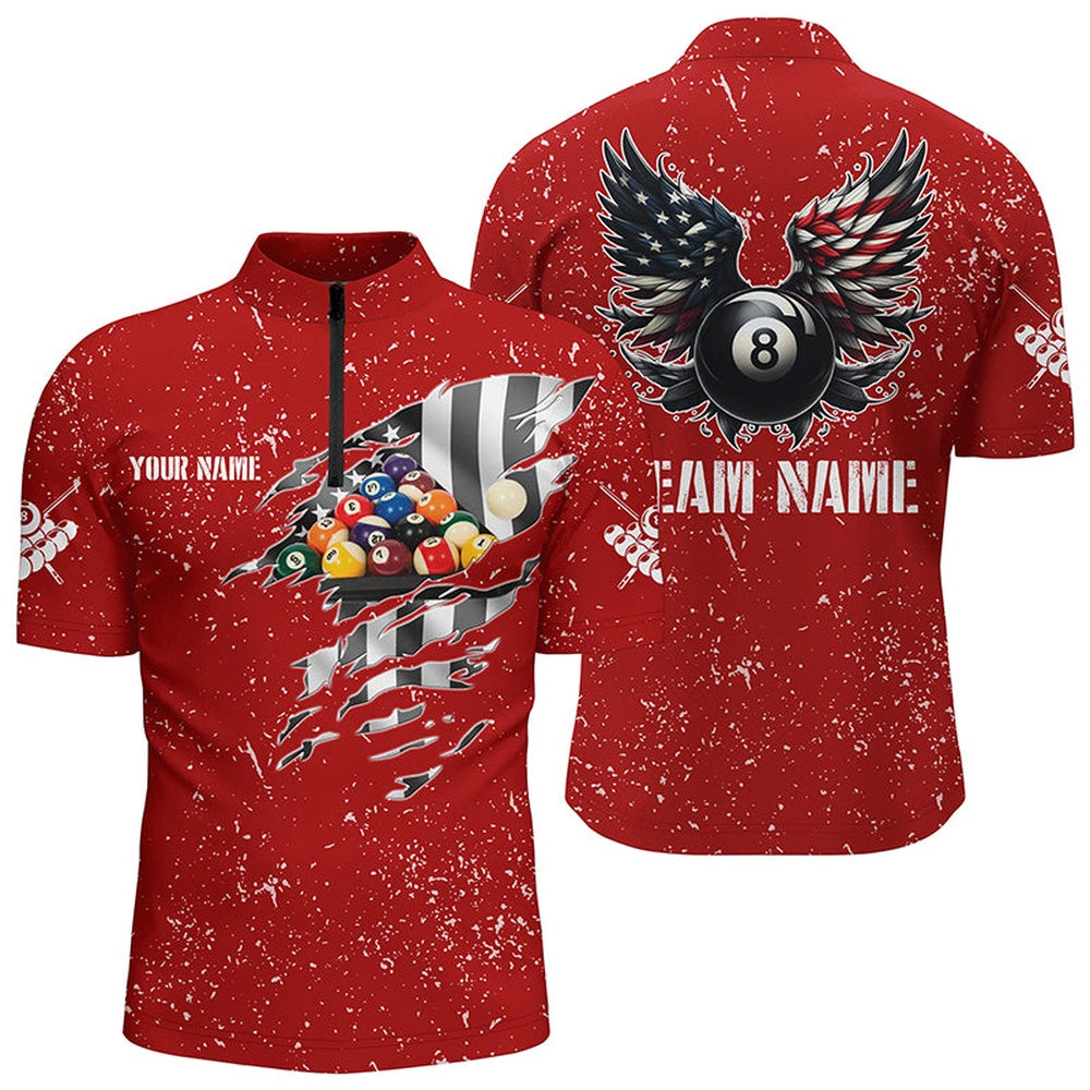 Billiard Polo Shirts, Personalized US Flag Billiard Balls 3D Polo Shirts, Red 8 Ball Pool Wings Jerseys, Billiards Team Shirts